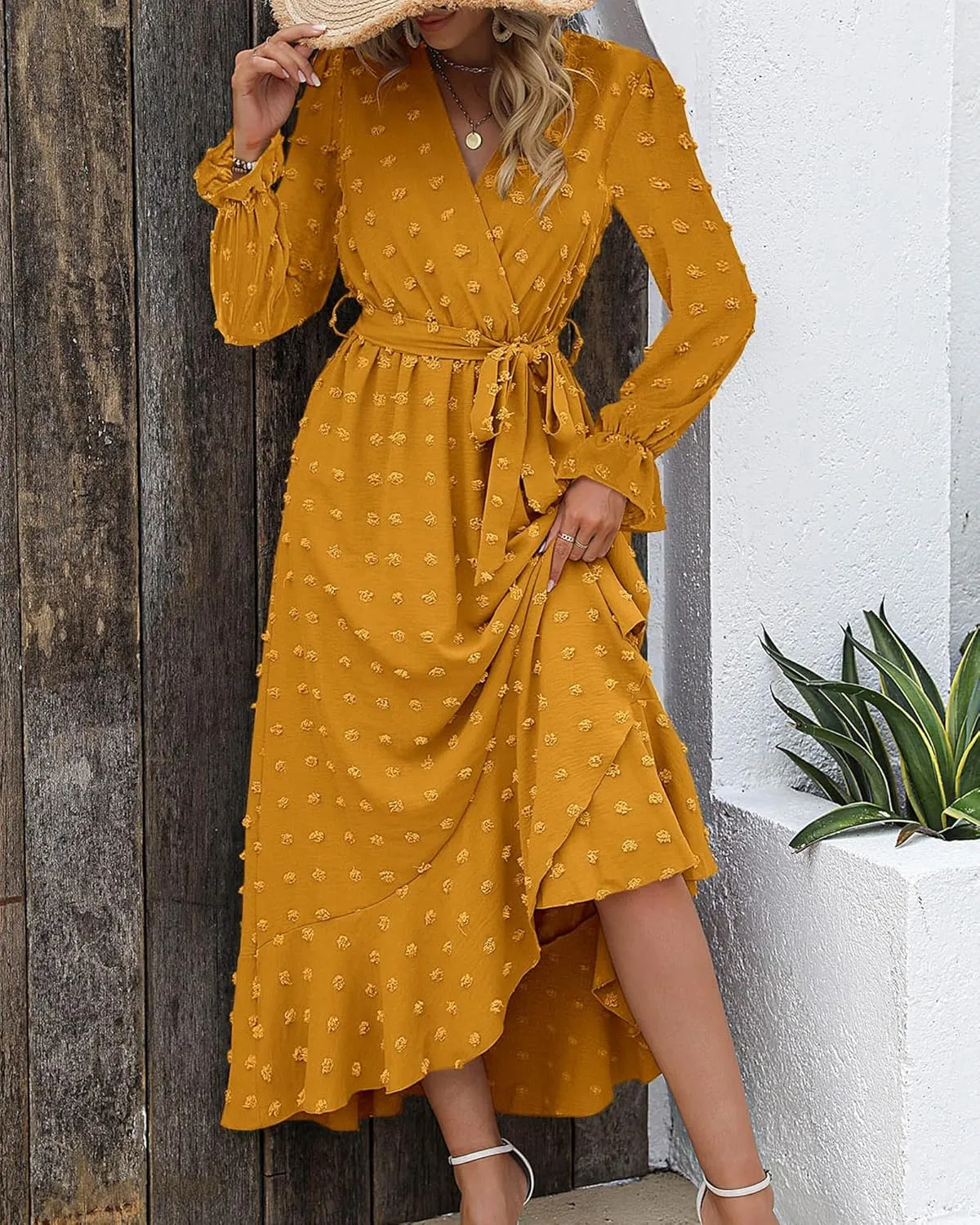 BTFBM Womens Boho Cocktail Maxi Dress Fall Fashion 2025 V Neck Long Sleeve Swiss Dot Flowy Slit Wedding Guest Dresses
