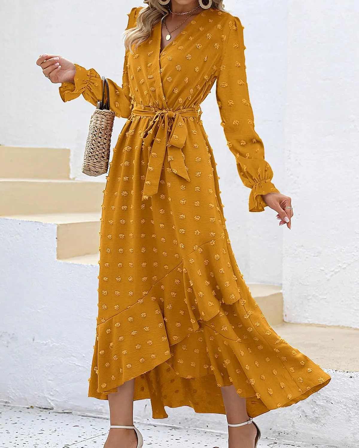 BTFBM Womens Boho Cocktail Maxi Dress Fall Fashion 2025 V Neck Long Sleeve Swiss Dot Flowy Slit Wedding Guest Dresses