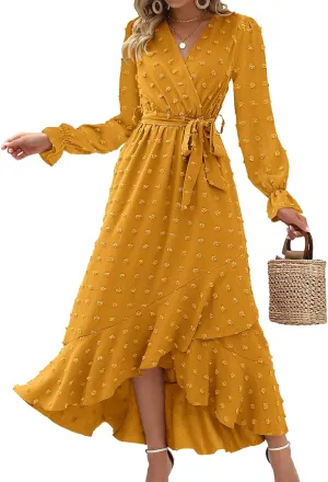 BTFBM Womens Boho Cocktail Maxi Dress Fall Fashion 2025 V Neck Long Sleeve Swiss Dot Flowy Slit Wedding Guest Dresses