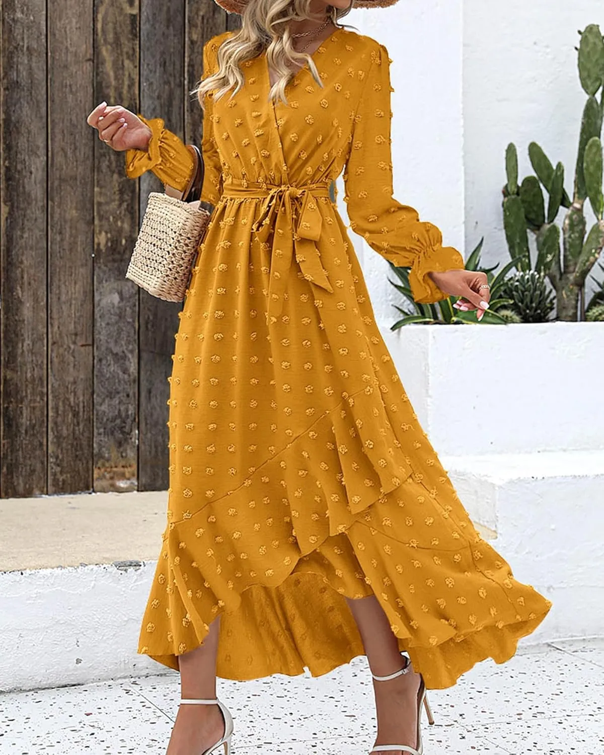 BTFBM Womens Boho Cocktail Maxi Dress Fall Fashion 2025 V Neck Long Sleeve Swiss Dot Flowy Slit Wedding Guest Dresses