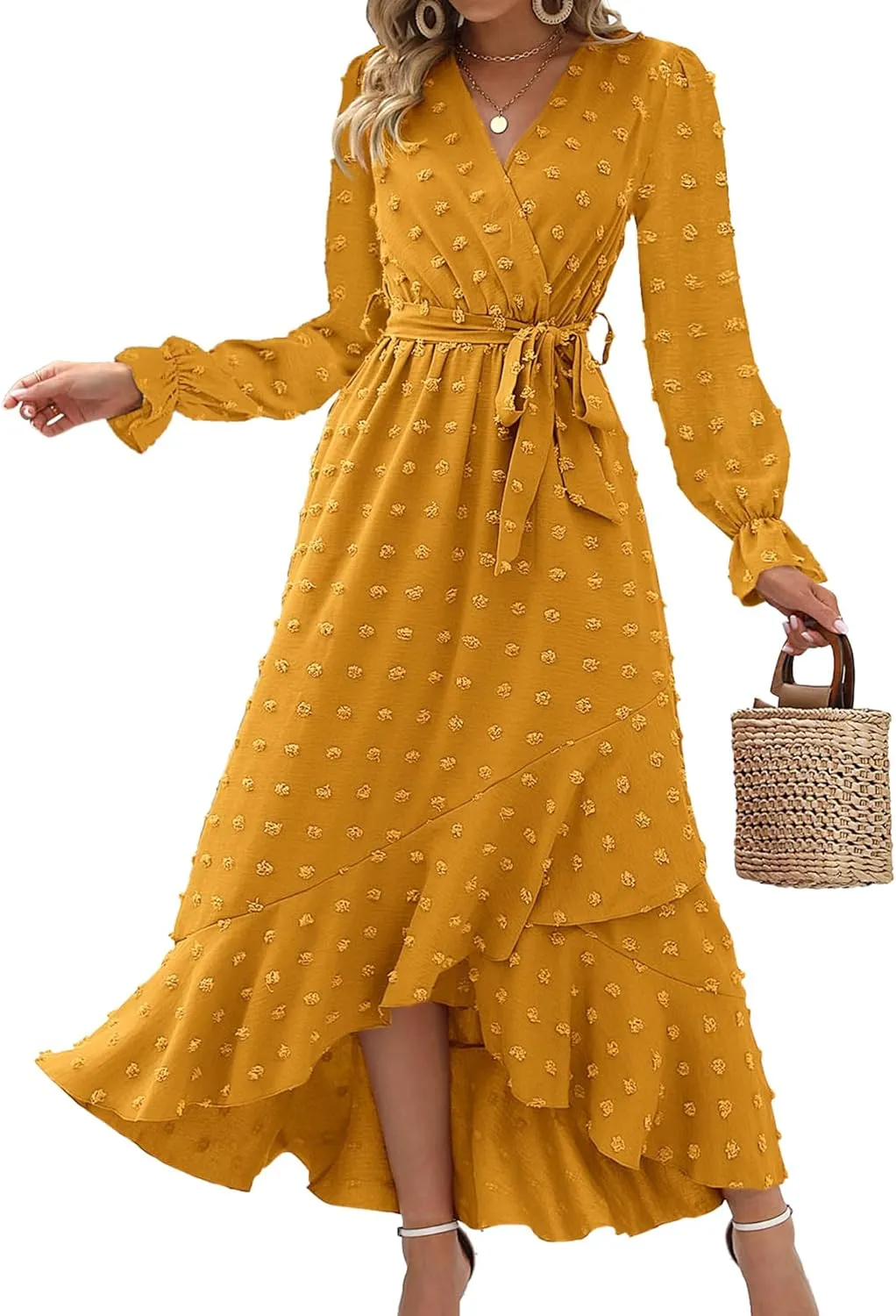 BTFBM Womens Boho Cocktail Maxi Dress Fall Fashion 2025 V Neck Long Sleeve Swiss Dot Flowy Slit Wedding Guest Dresses