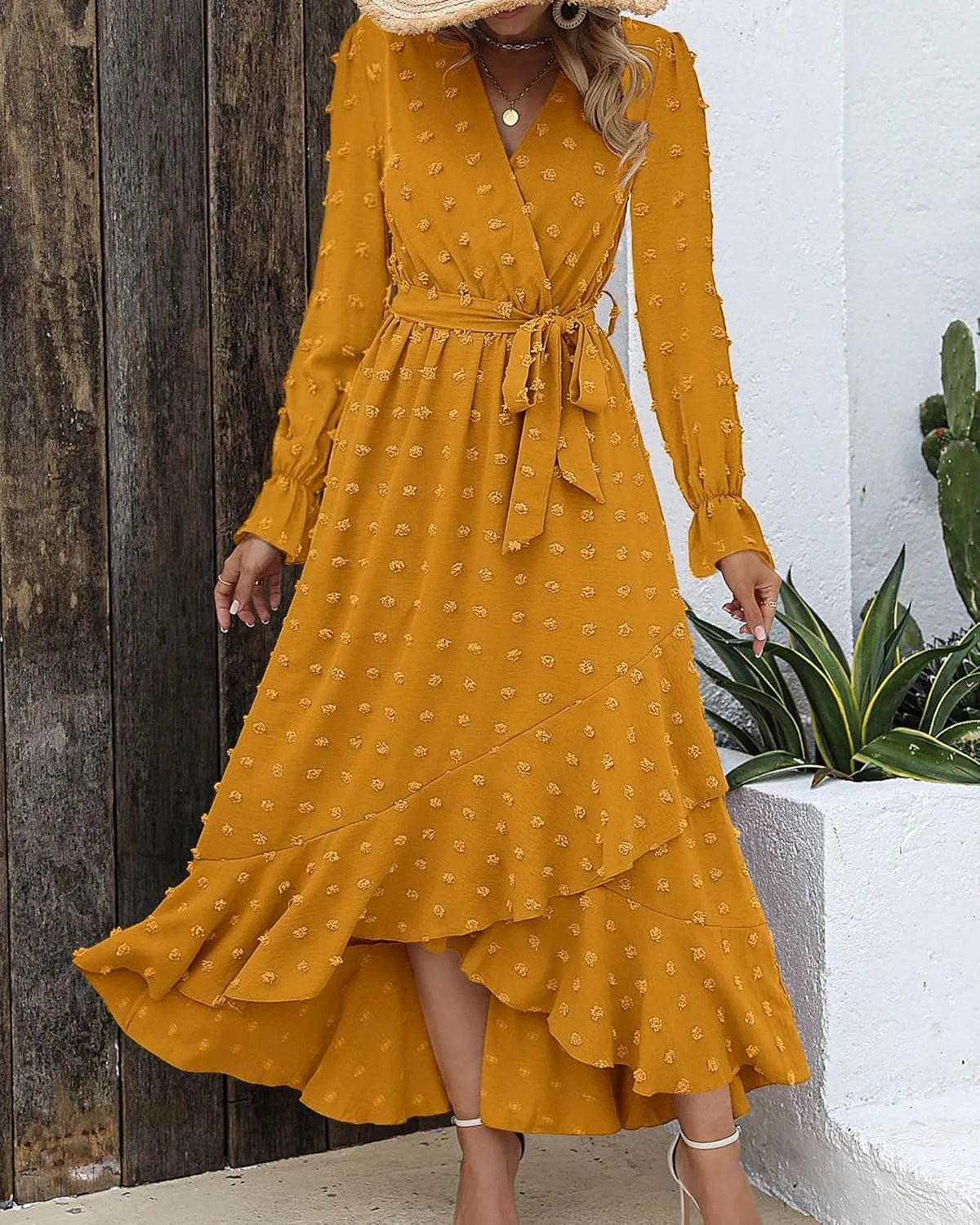 BTFBM Womens Boho Cocktail Maxi Dress Fall Fashion 2025 V Neck Long Sleeve Swiss Dot Flowy Slit Wedding Guest Dresses