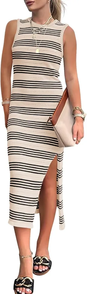 BTFBM Womens Sleeveless Summer Dresses 2025 Crew Neck Casual Sundress Hollow Out Side Slit Bodycon Knit Long Tank Dress
