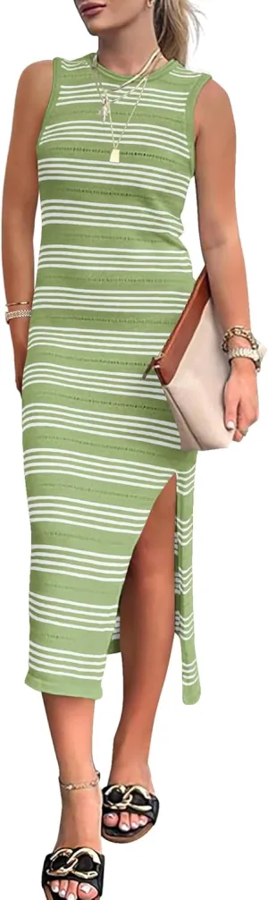 BTFBM Womens Sleeveless Summer Dresses 2025 Crew Neck Casual Sundress Hollow Out Side Slit Bodycon Knit Long Tank Dress