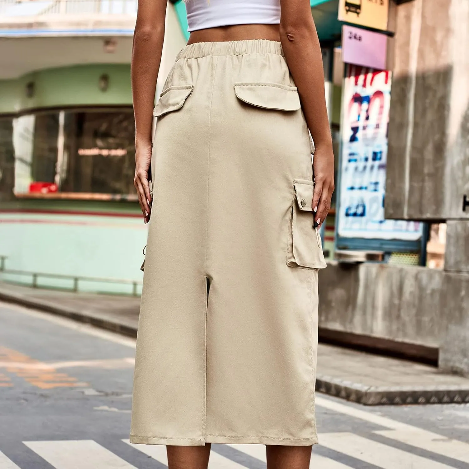 Cargo Maxi Skirts for Women High Waist Utility Pocket Skirt Streetwear Drawstring Long Skirts