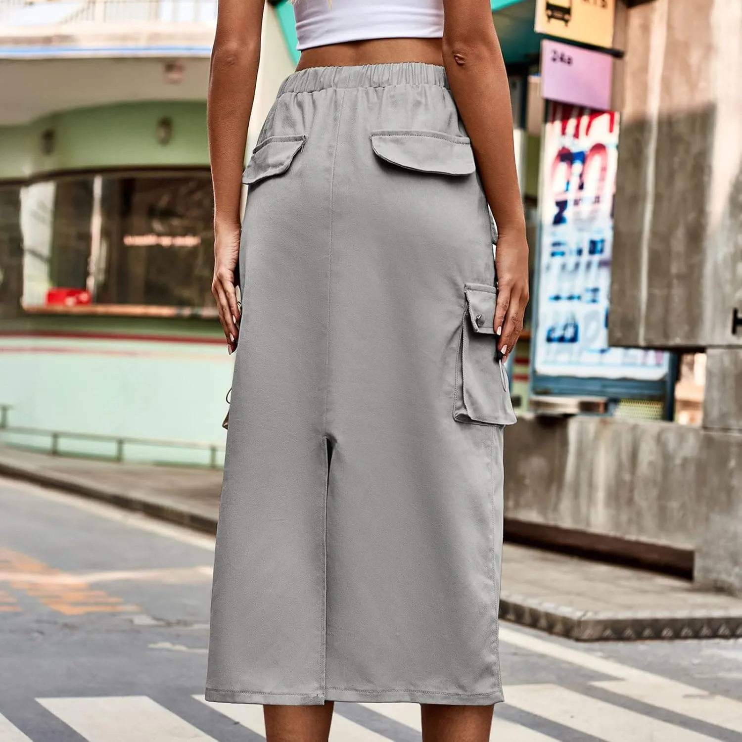 Cargo Maxi Skirts for Women High Waist Utility Pocket Skirt Streetwear Drawstring Long Skirts