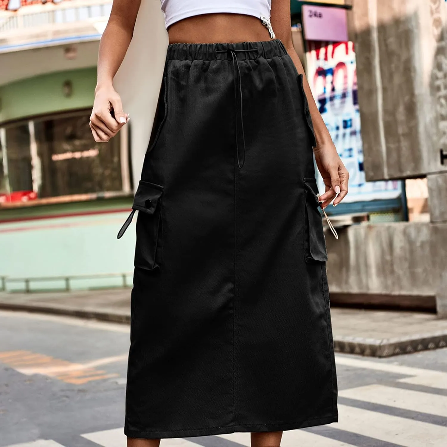 Cargo Maxi Skirts for Women High Waist Utility Pocket Skirt Streetwear Drawstring Long Skirts