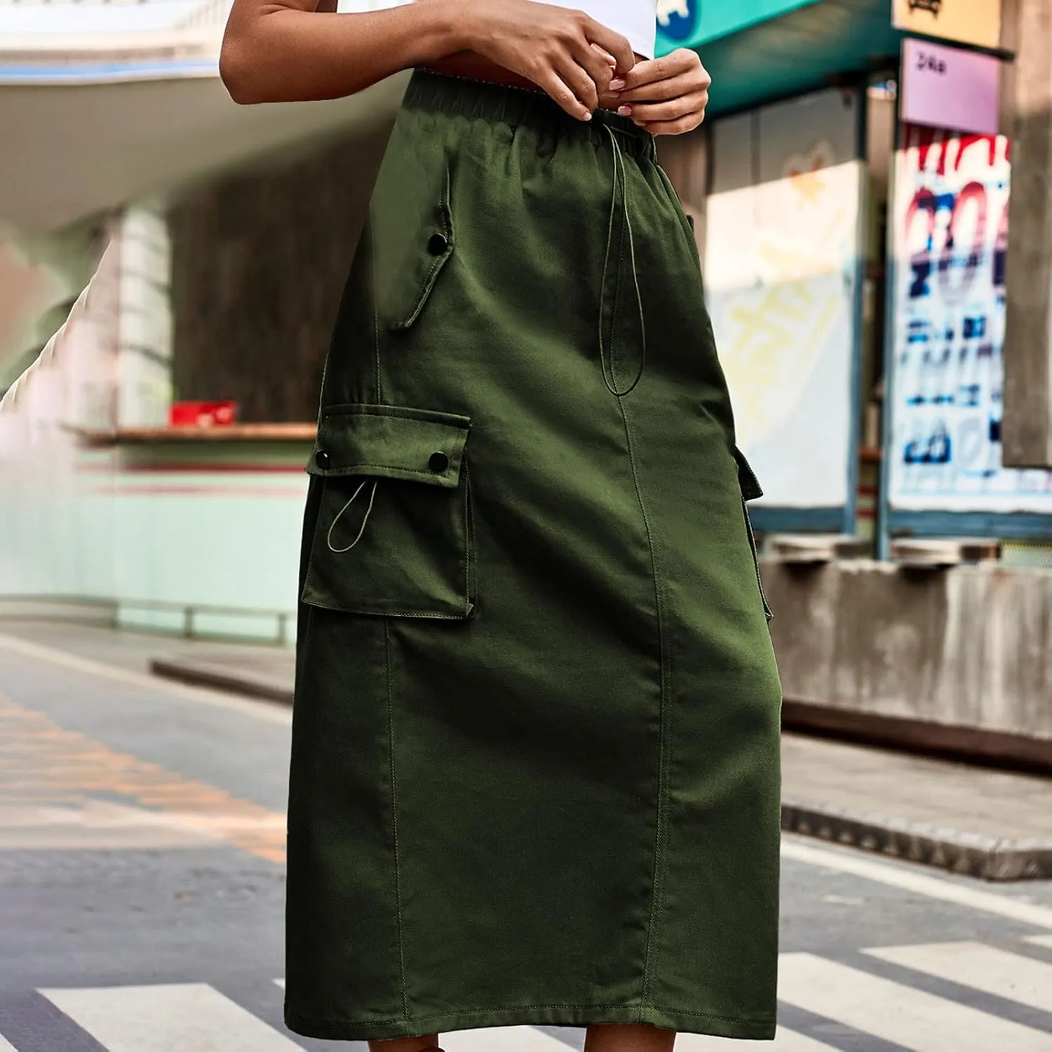 Cargo Maxi Skirts for Women High Waist Utility Pocket Skirt Streetwear Drawstring Long Skirts