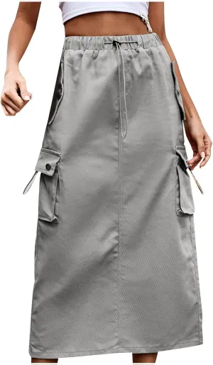 Cargo Maxi Skirts for Women High Waist Utility Pocket Skirt Streetwear Drawstring Long Skirts
