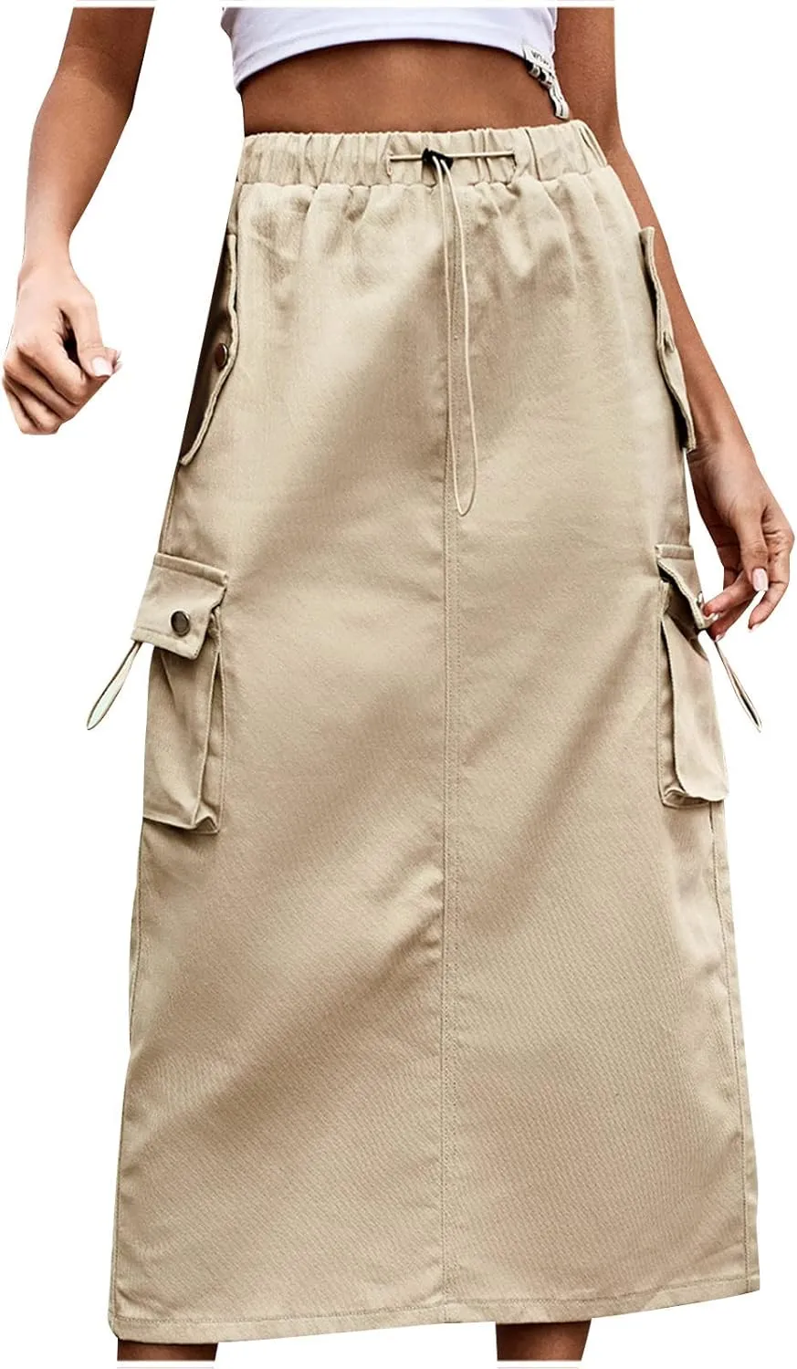 Cargo Maxi Skirts for Women High Waist Utility Pocket Skirt Streetwear Drawstring Long Skirts