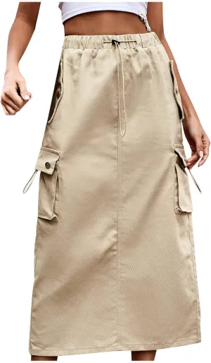 Cargo Maxi Skirts for Women High Waist Utility Pocket Skirt Streetwear Drawstring Long Skirts