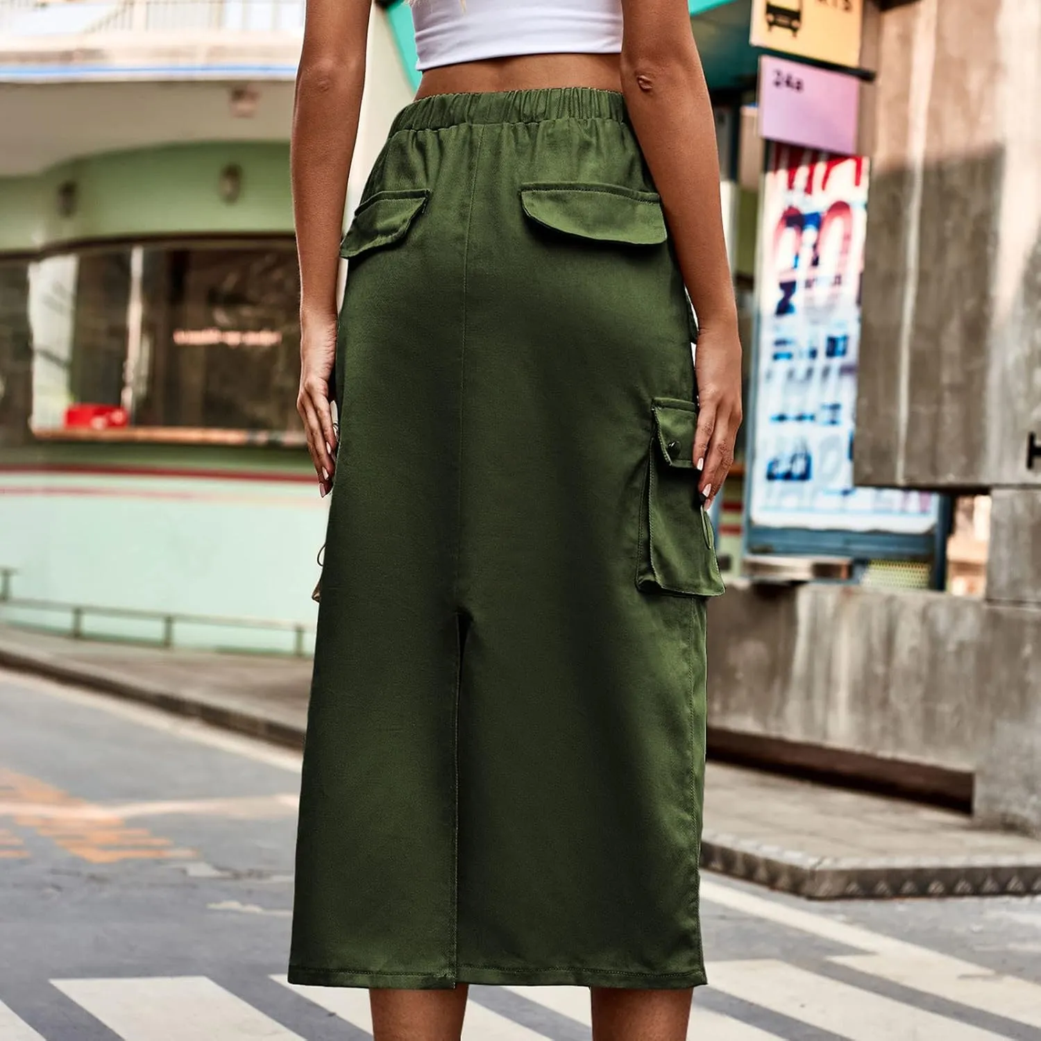 Cargo Maxi Skirts for Women High Waist Utility Pocket Skirt Streetwear Drawstring Long Skirts