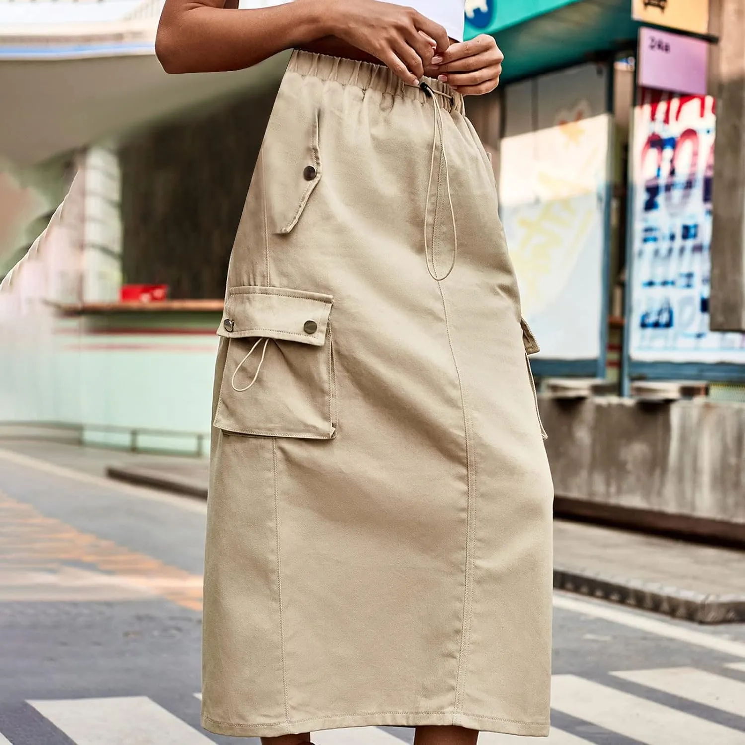Cargo Maxi Skirts for Women High Waist Utility Pocket Skirt Streetwear Drawstring Long Skirts