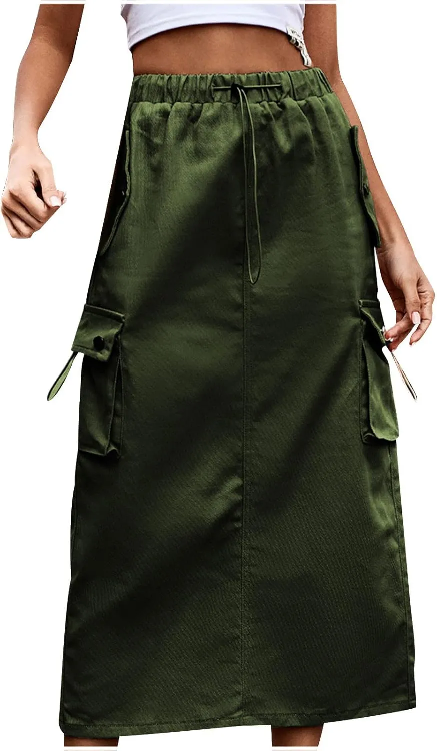 Cargo Maxi Skirts for Women High Waist Utility Pocket Skirt Streetwear Drawstring Long Skirts