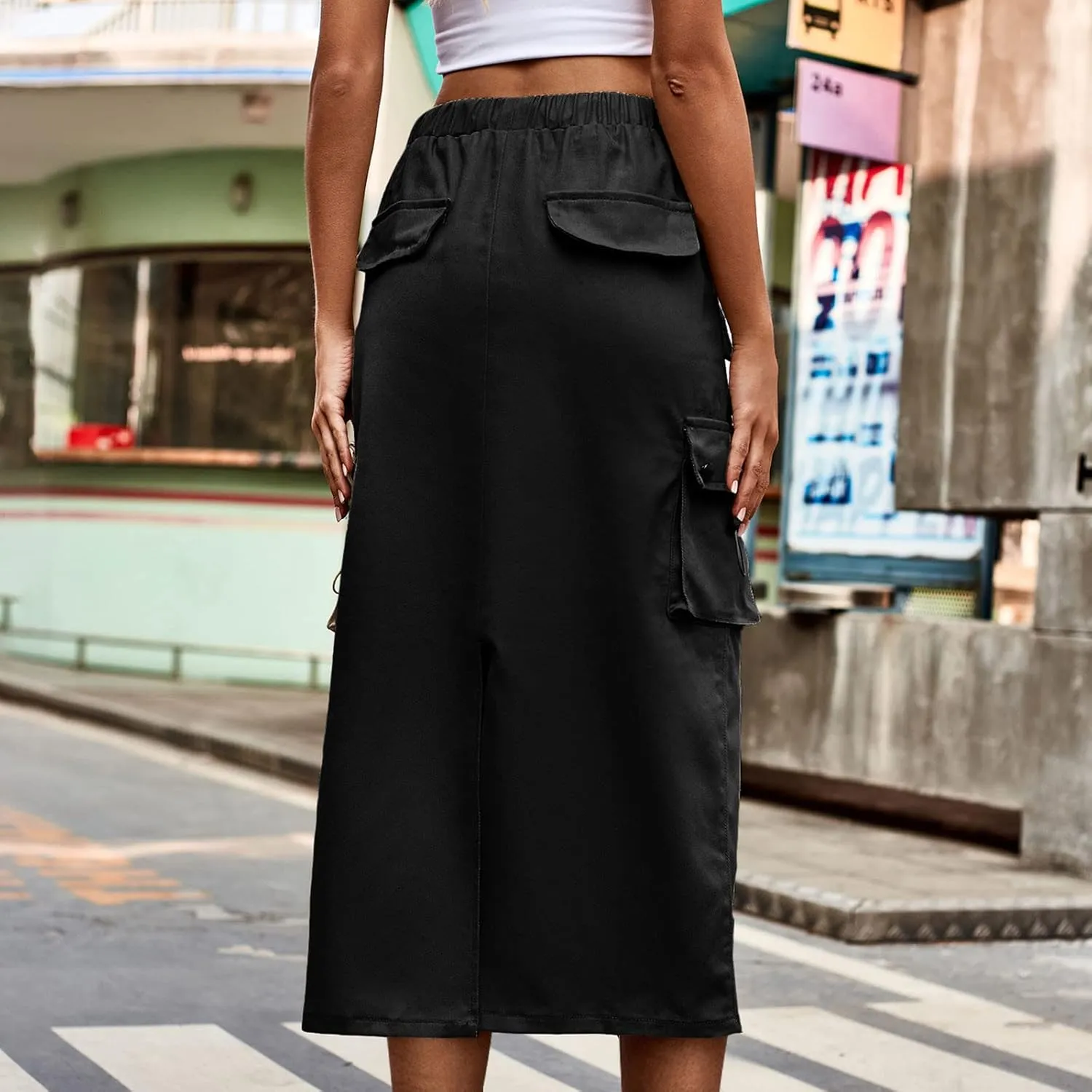Cargo Maxi Skirts for Women High Waist Utility Pocket Skirt Streetwear Drawstring Long Skirts