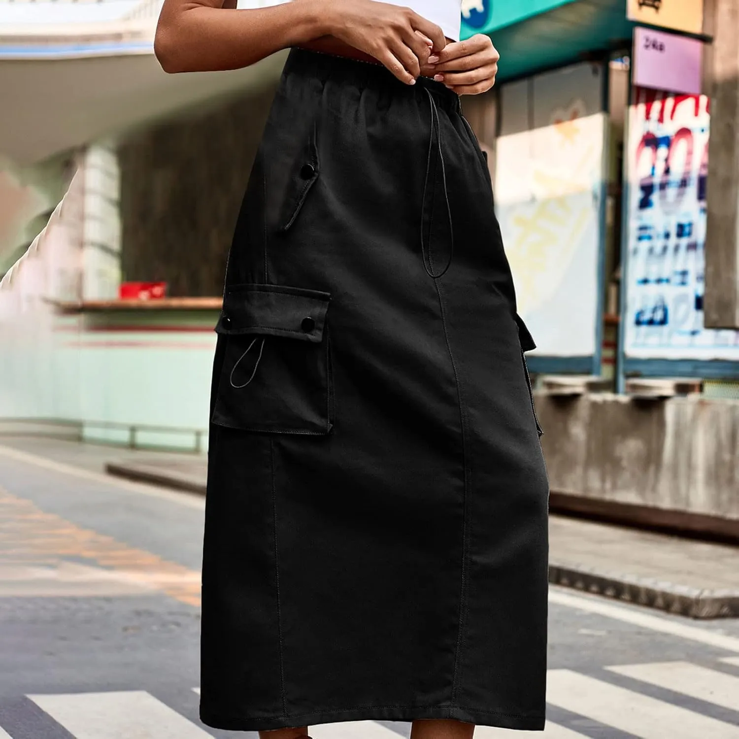Cargo Maxi Skirts for Women High Waist Utility Pocket Skirt Streetwear Drawstring Long Skirts