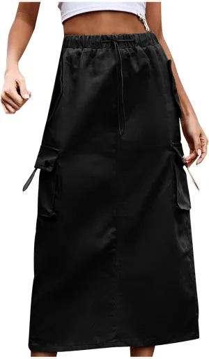 Cargo Maxi Skirts for Women High Waist Utility Pocket Skirt Streetwear Drawstring Long Skirts