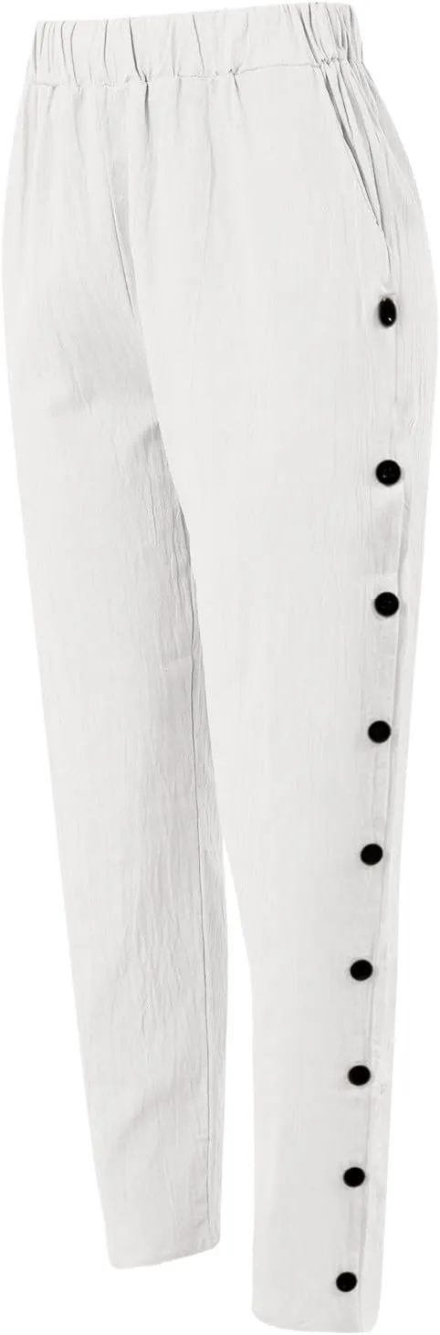Casual Capri Pants for Women Trendy Stripe Side Button Up Pants Elastic Waist Straight Leg Trousers with Pocket