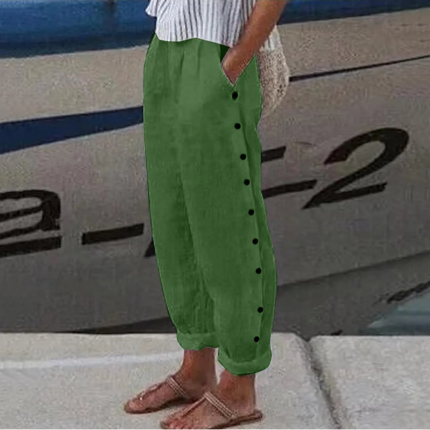 Casual Capri Pants for Women Trendy Stripe Side Button Up Pants Elastic Waist Straight Leg Trousers with Pocket