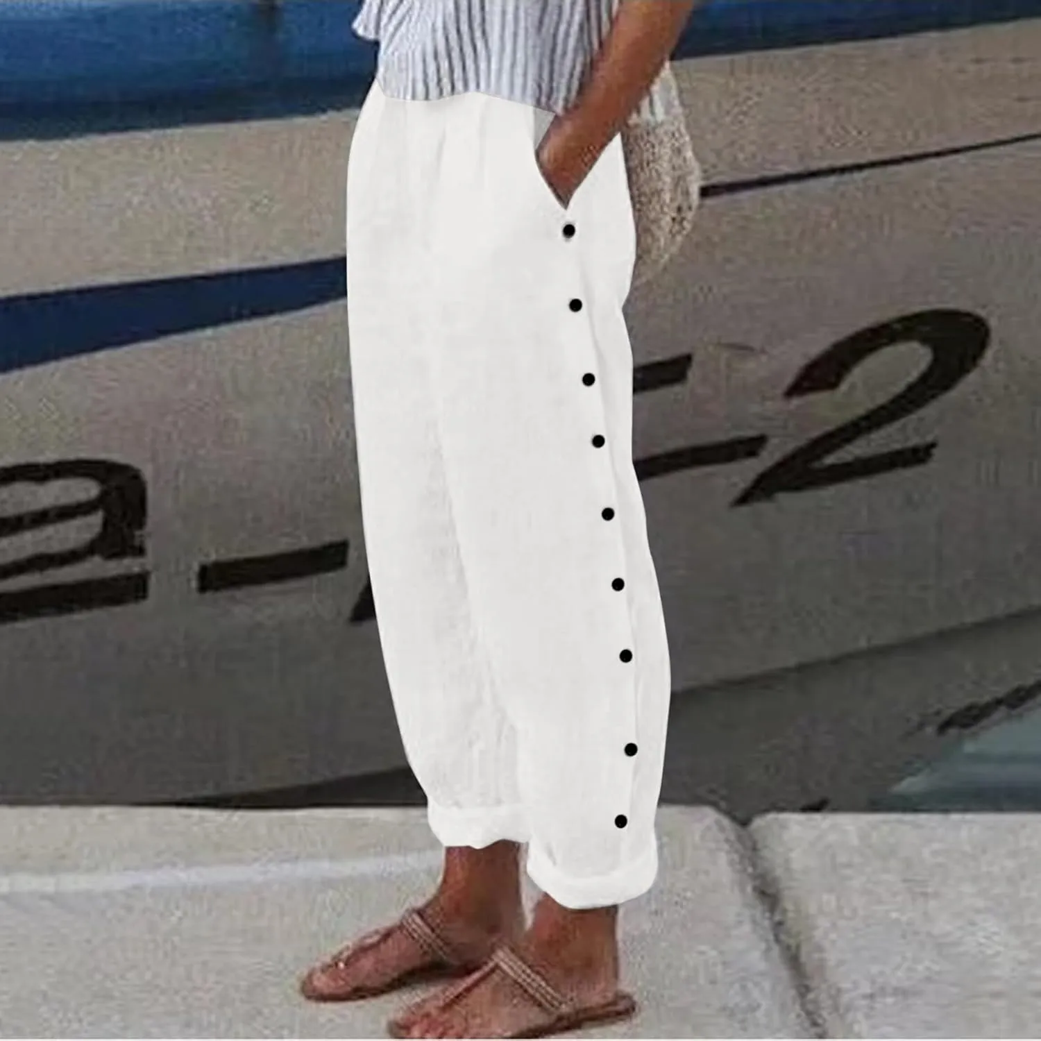 Casual Capri Pants for Women Trendy Stripe Side Button Up Pants Elastic Waist Straight Leg Trousers with Pocket