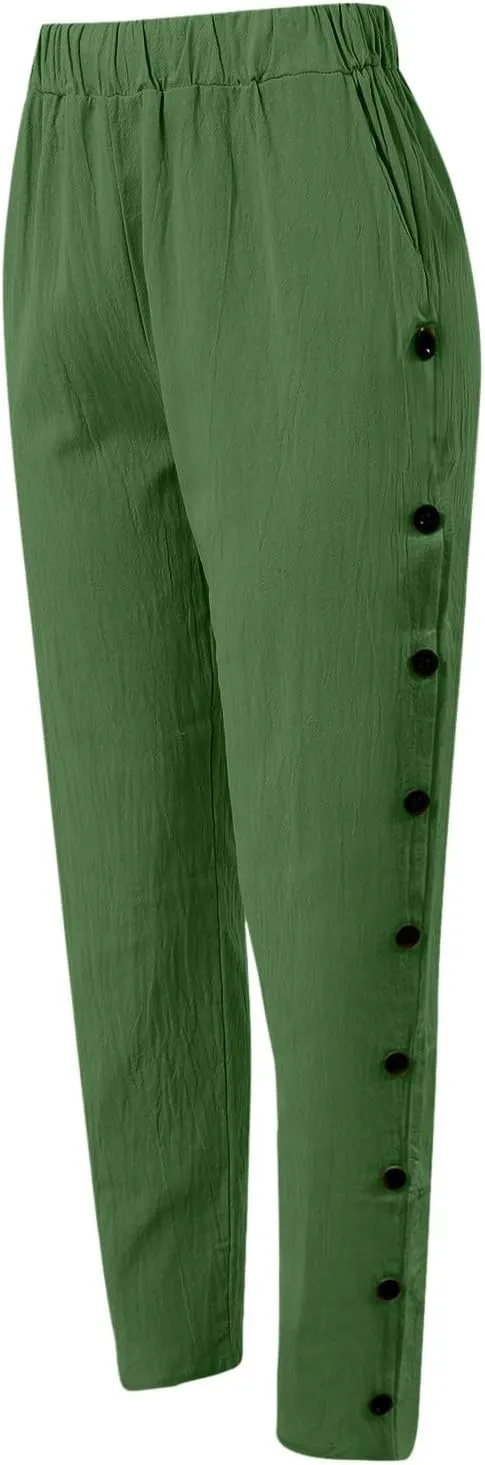 Casual Capri Pants for Women Trendy Stripe Side Button Up Pants Elastic Waist Straight Leg Trousers with Pocket