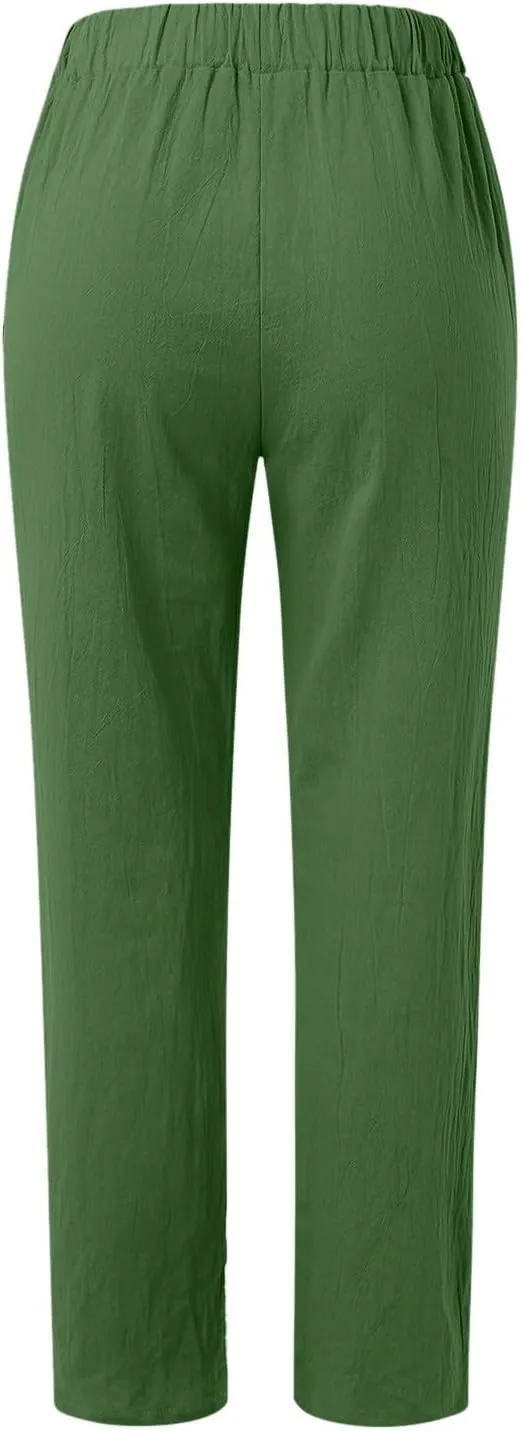 Casual Capri Pants for Women Trendy Stripe Side Button Up Pants Elastic Waist Straight Leg Trousers with Pocket