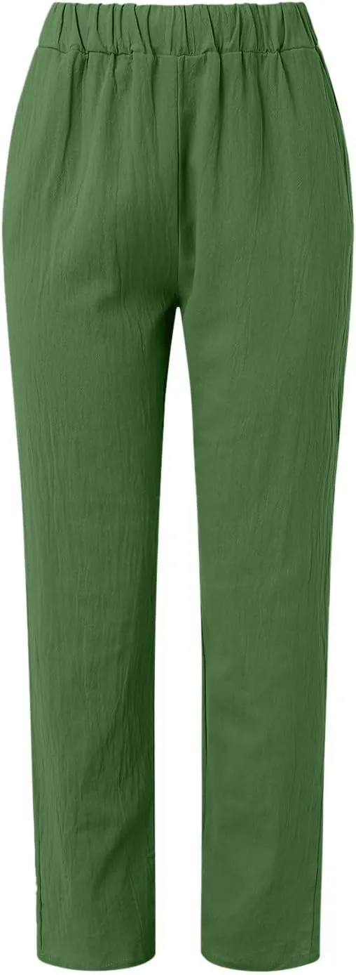 Casual Capri Pants for Women Trendy Stripe Side Button Up Pants Elastic Waist Straight Leg Trousers with Pocket