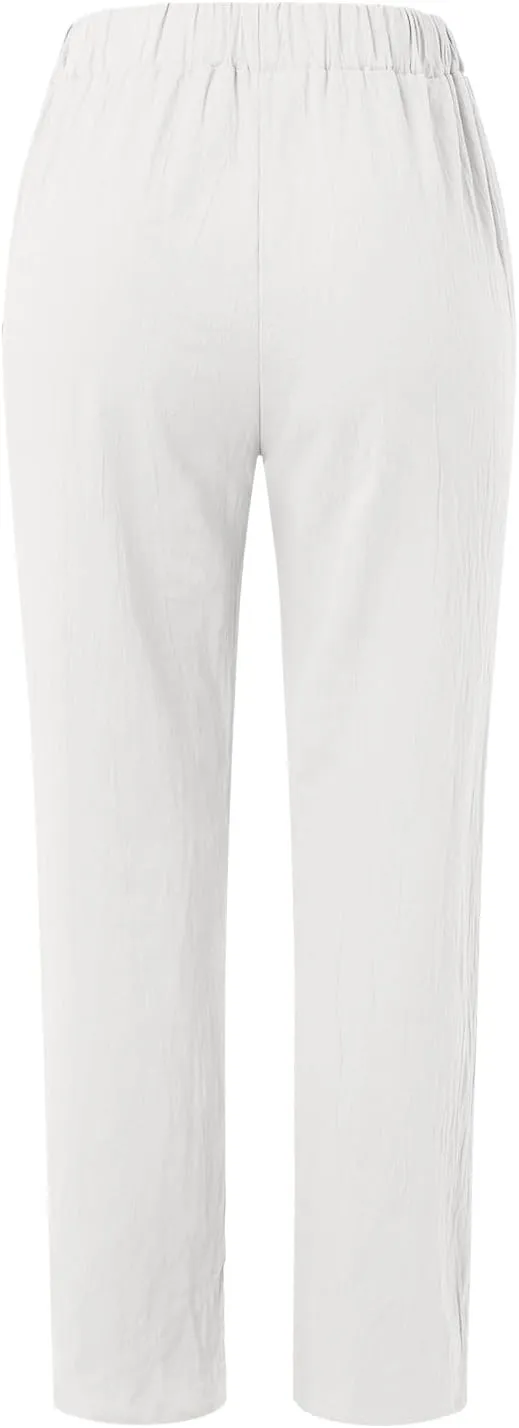Casual Capri Pants for Women Trendy Stripe Side Button Up Pants Elastic Waist Straight Leg Trousers with Pocket