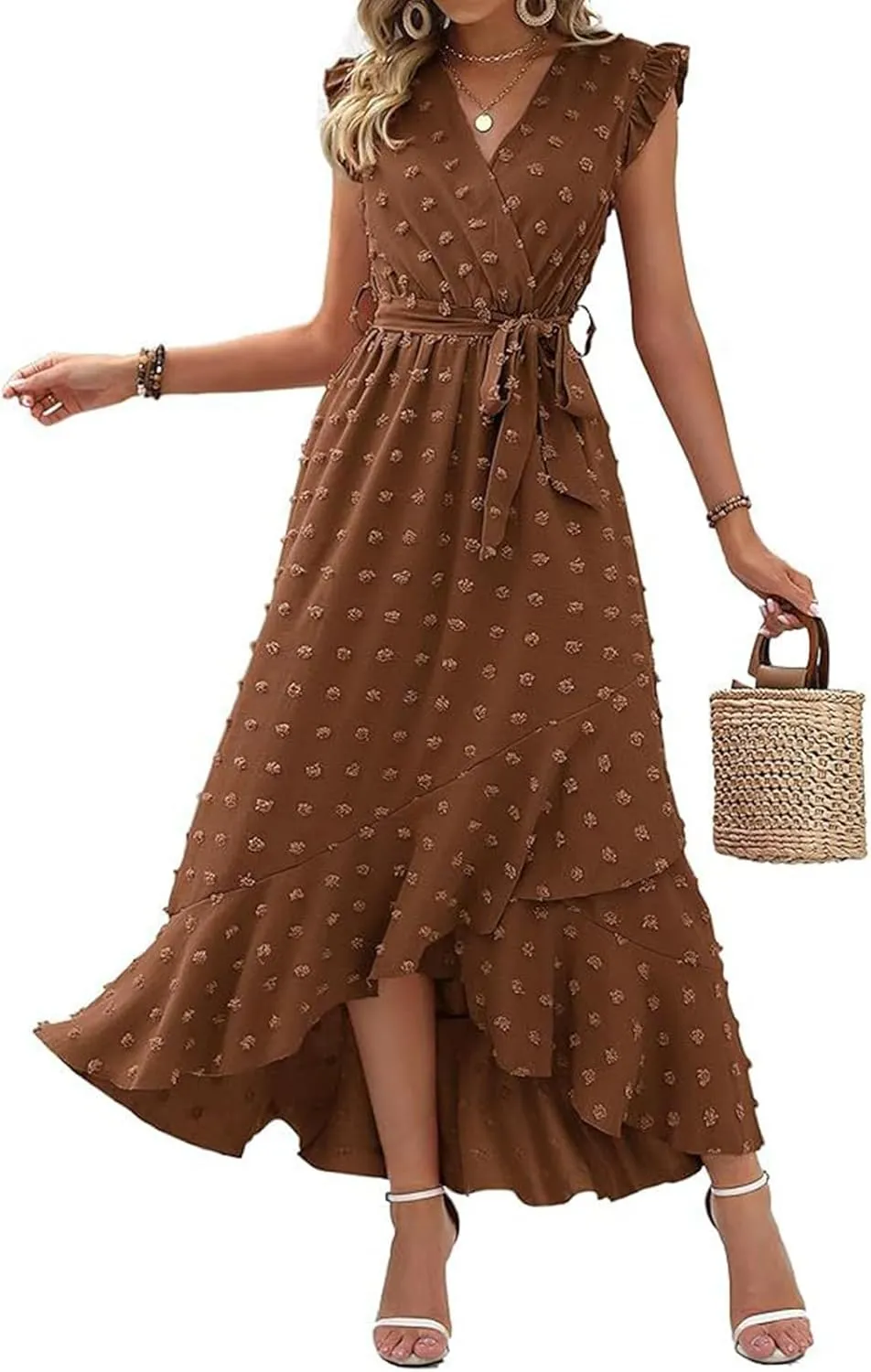 Casual Dresses for Women 2025 Ruffle Sleeveless Solid Color Polka Dot Boho Waist Dresses Fashion Summer Dress