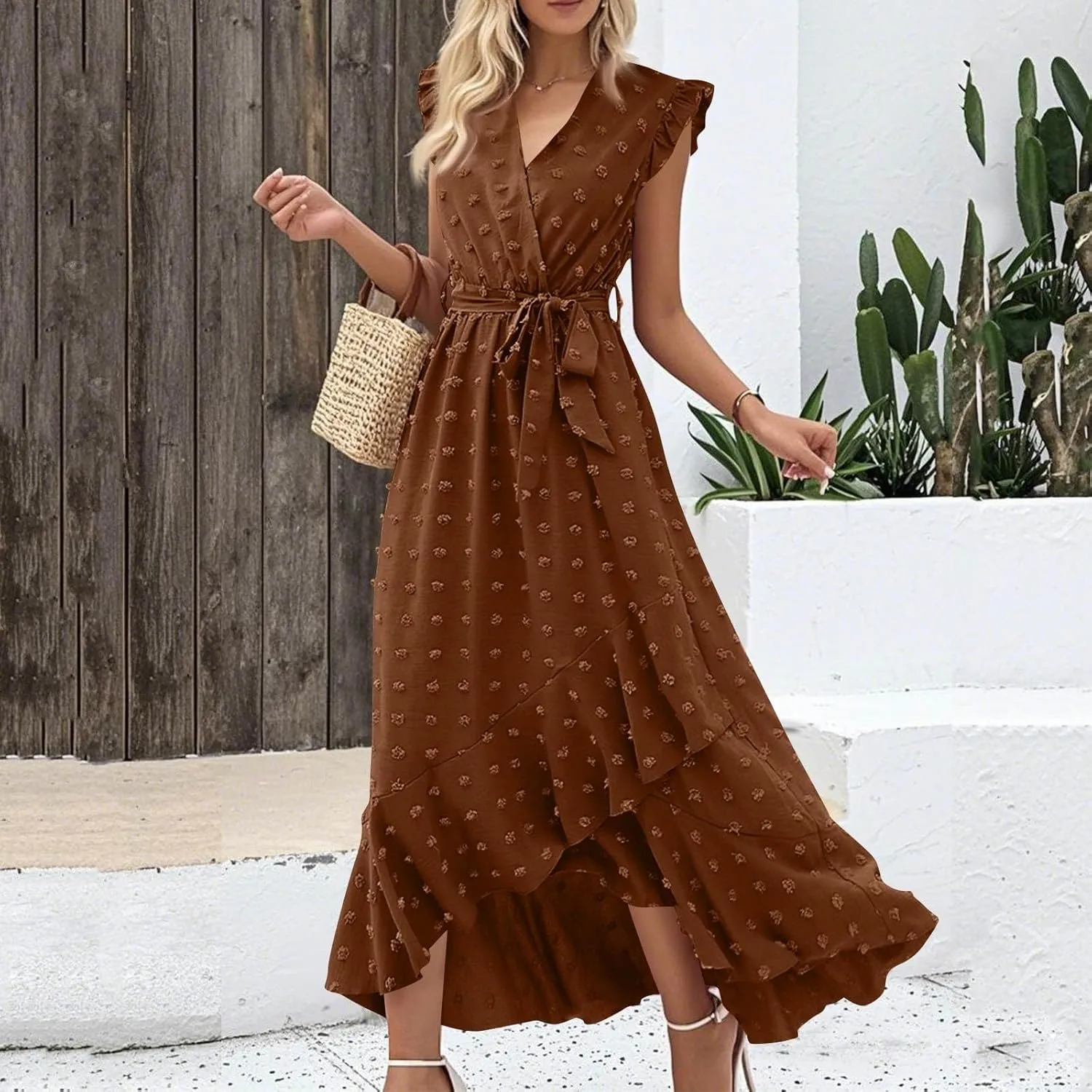 Casual Dresses for Women 2025 Ruffle Sleeveless Solid Color Polka Dot Boho Waist Dresses Fashion Summer Dress