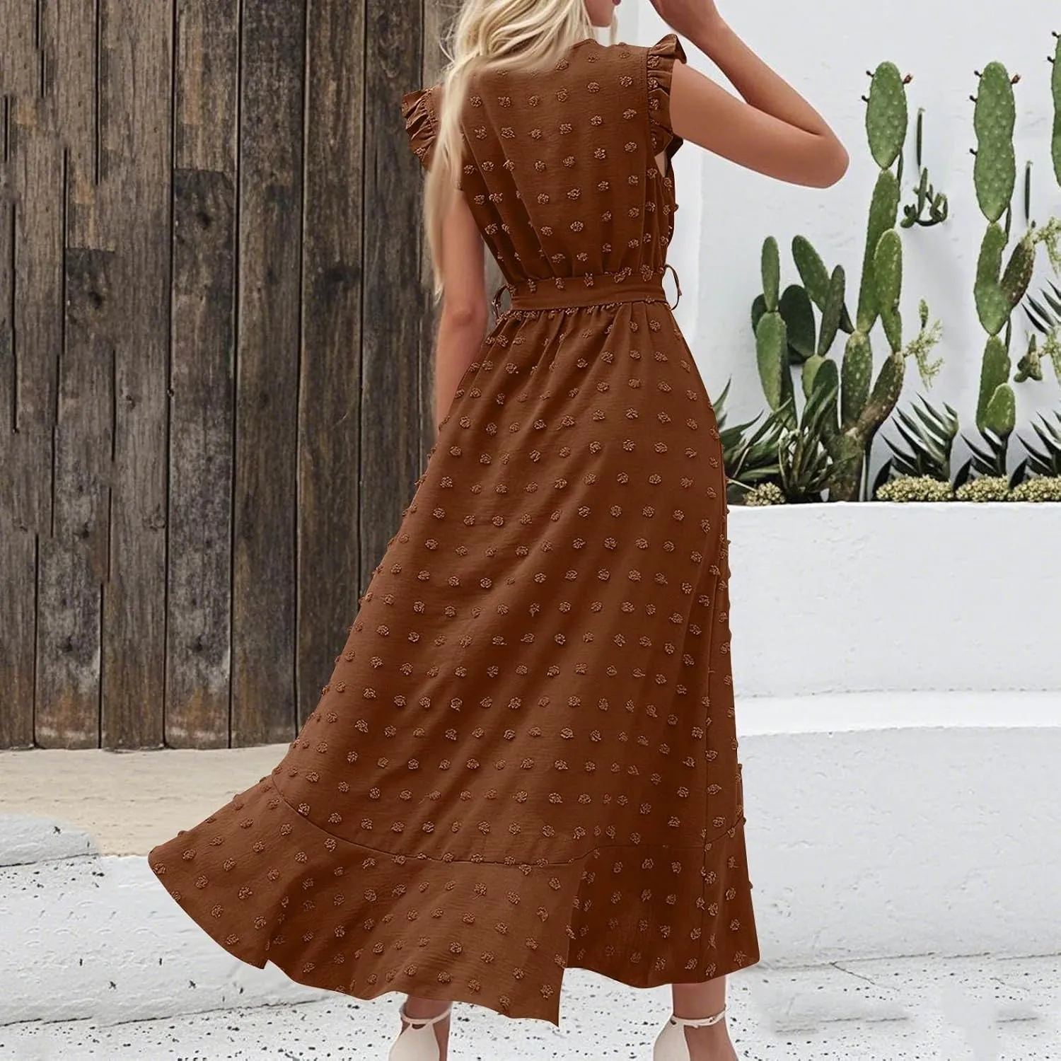 Casual Dresses for Women 2025 Ruffle Sleeveless Solid Color Polka Dot Boho Waist Dresses Fashion Summer Dress