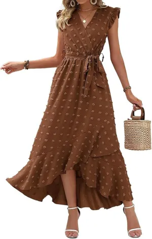 Casual Dresses for Women 2025 Ruffle Sleeveless Solid Color Polka Dot Boho Waist Dresses Fashion Summer Dress