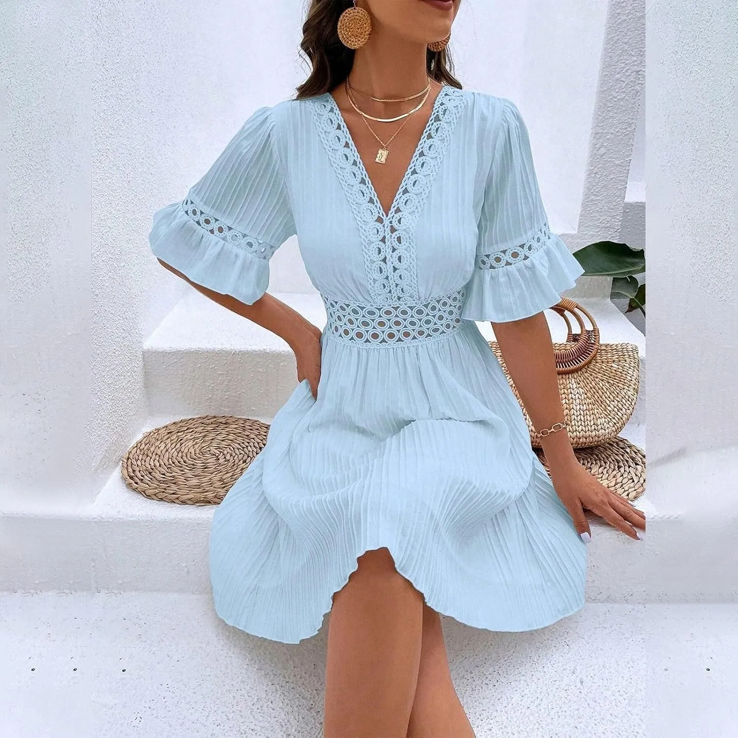 Casual Spring Mini Dress for Women Lace Plunging Patchwork V Neck Long Sleeve Ruffled A Line Beach Tunic Dress