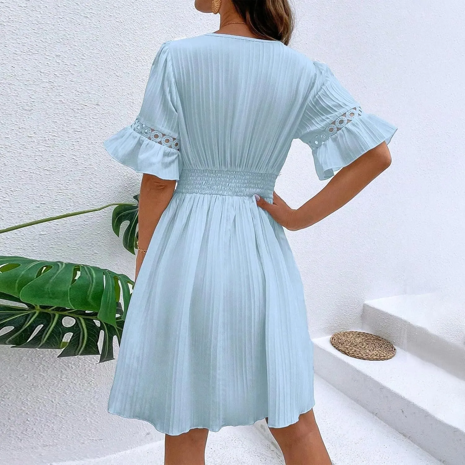 Casual Spring Mini Dress for Women Lace Plunging Patchwork V Neck Long Sleeve Ruffled A Line Beach Tunic Dress