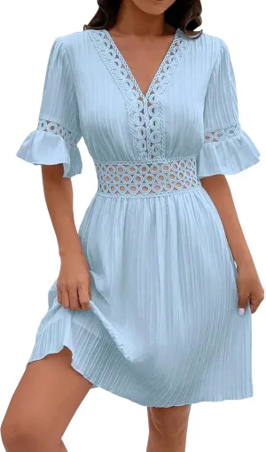 Casual Spring Mini Dress for Women Lace Plunging Patchwork V Neck Long Sleeve Ruffled A Line Beach Tunic Dress