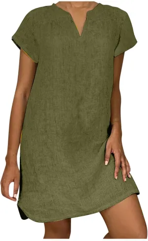 Casual Summer Dresses for Women Short Sleeve V Neck T Shirt Dress Vintage Cotton Linen Dress