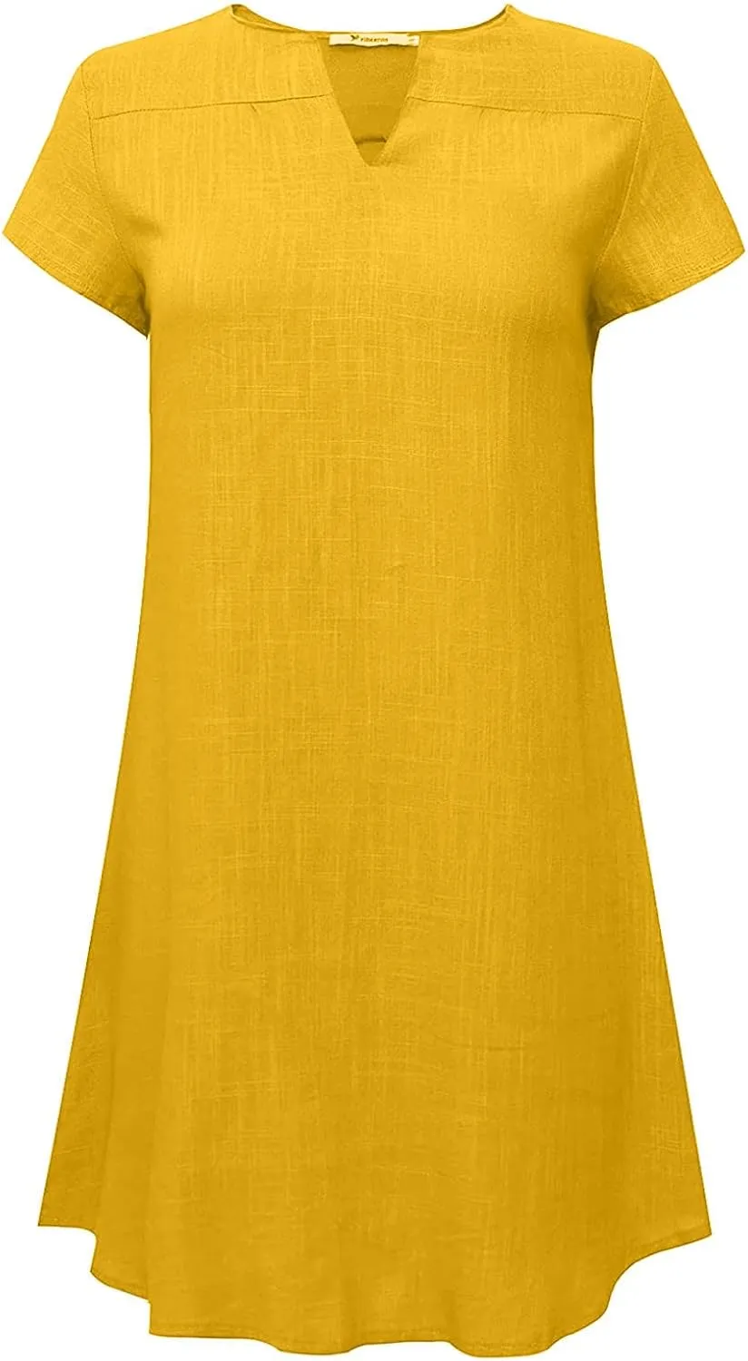 Casual Summer Dresses for Women Short Sleeve V Neck T Shirt Dress Vintage Cotton Linen Dress