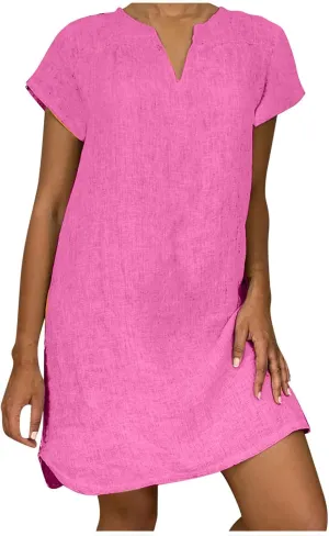 Casual Summer Dresses for Women Short Sleeve V Neck T Shirt Dress Vintage Cotton Linen Dress