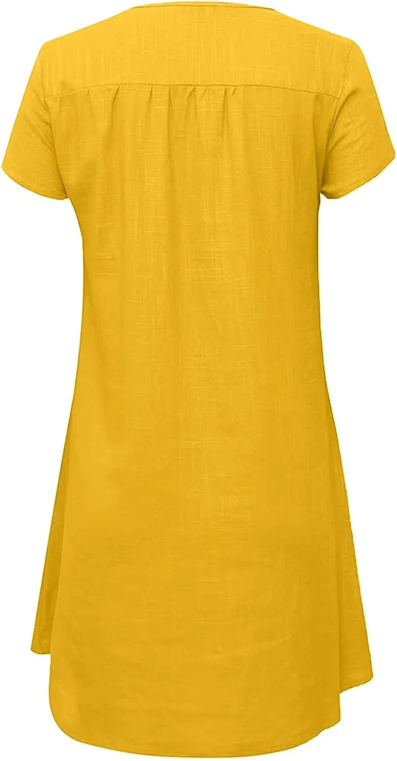 Casual Summer Dresses for Women Short Sleeve V Neck T Shirt Dress Vintage Cotton Linen Dress