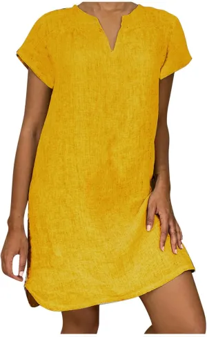 Casual Summer Dresses for Women Short Sleeve V Neck T Shirt Dress Vintage Cotton Linen Dress