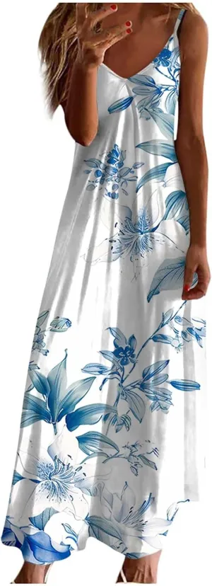 Ceboyel Women Floral Spaghetti Strap Sundress Casual Summer Long Maxi Dress Vneck Sexy Boho Dresses Trendy Beach Clothes 2024
