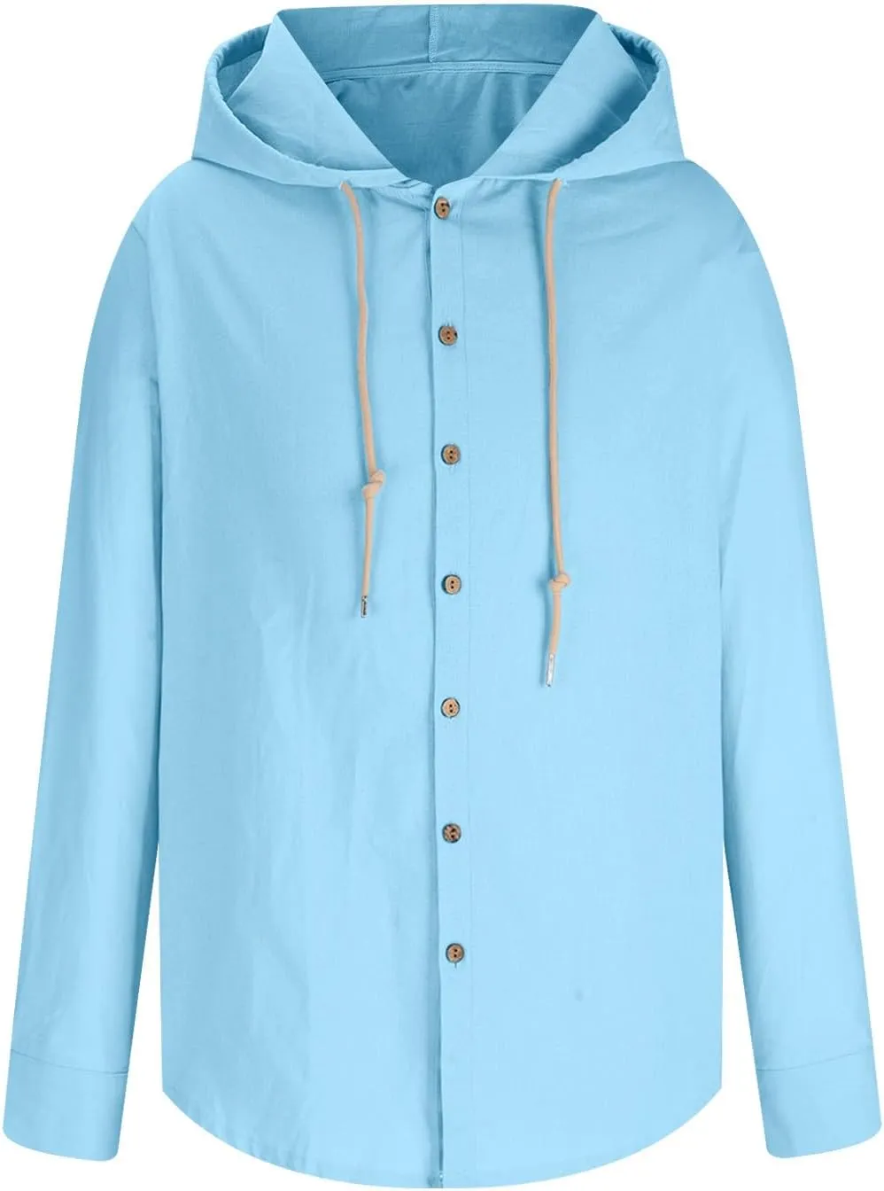 Cotton Linen Button Down Shirts for Men Long Sleeve Drawstring Hooded Tops Casual Lightweight Hoodie Shirt