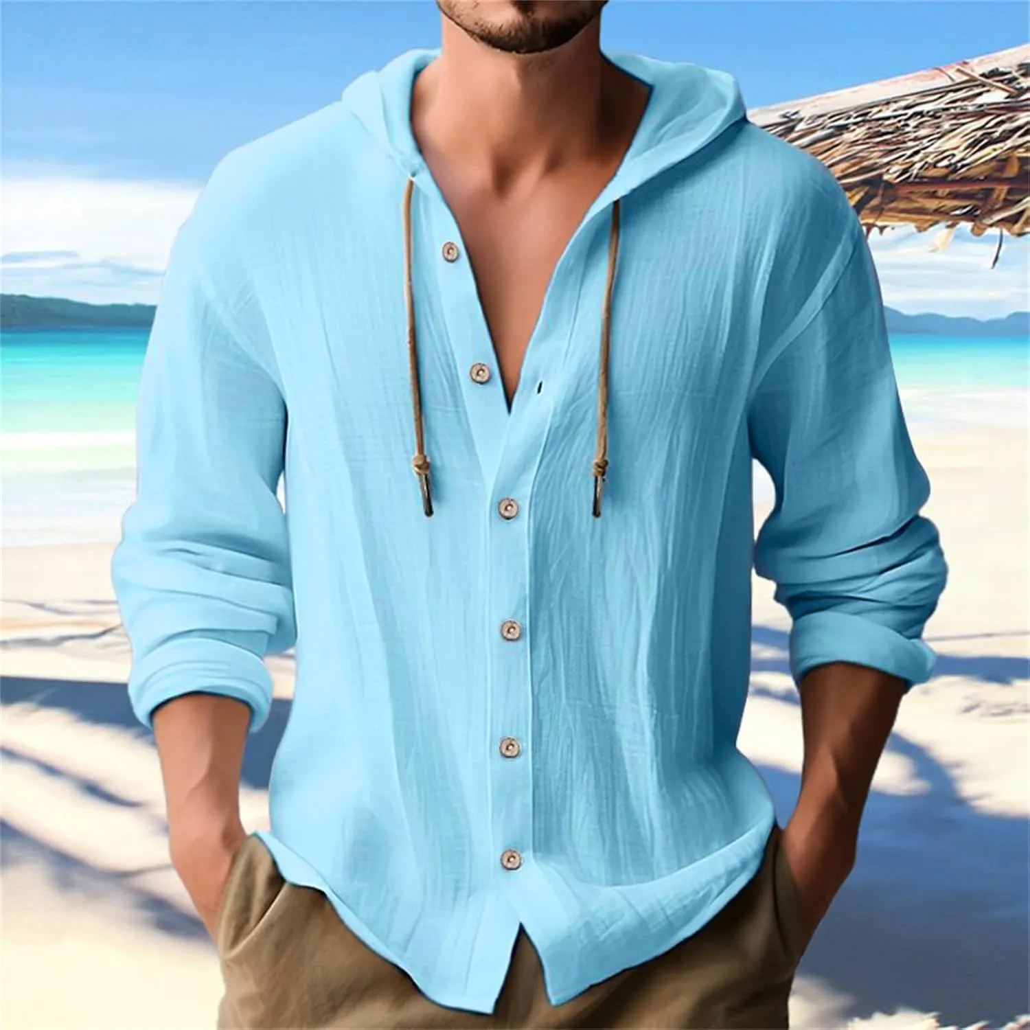 Cotton Linen Button Down Shirts for Men Long Sleeve Drawstring Hooded Tops Casual Lightweight Hoodie Shirt