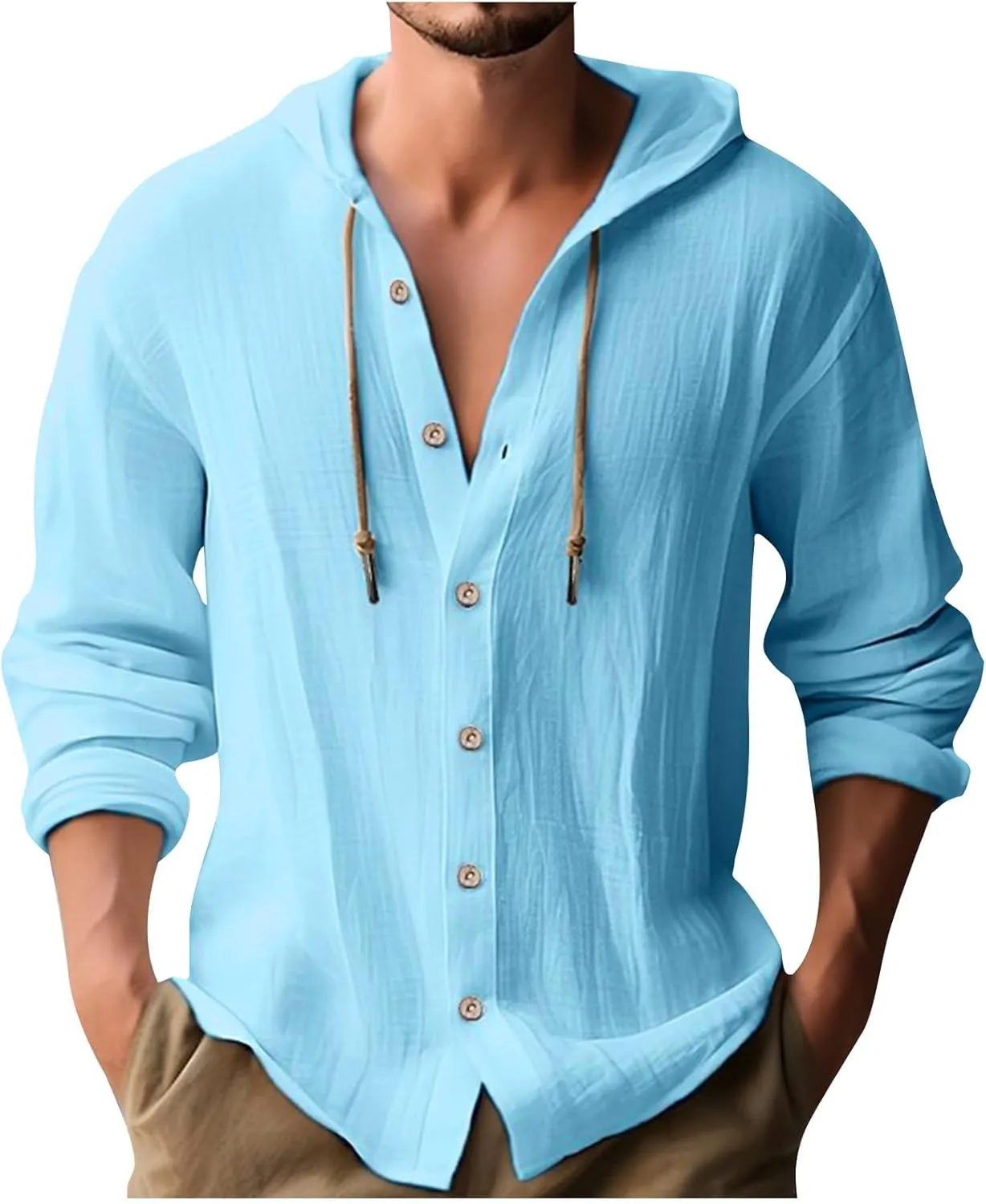 Cotton Linen Button Down Shirts for Men Long Sleeve Drawstring Hooded Tops Casual Lightweight Hoodie Shirt