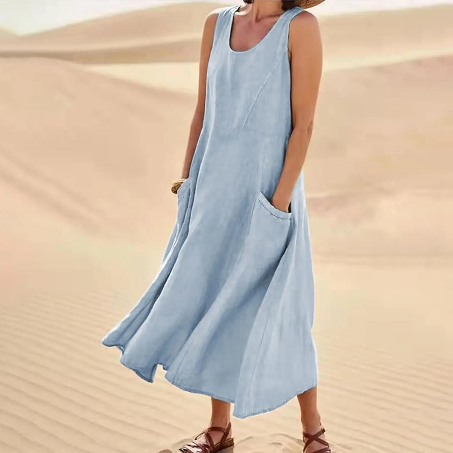 Cotton Linen Dresses for Women,Maxi Sleeveless Dresses Summer Casual Print Cotton Linen Sundress with Pockets (S-3XL)