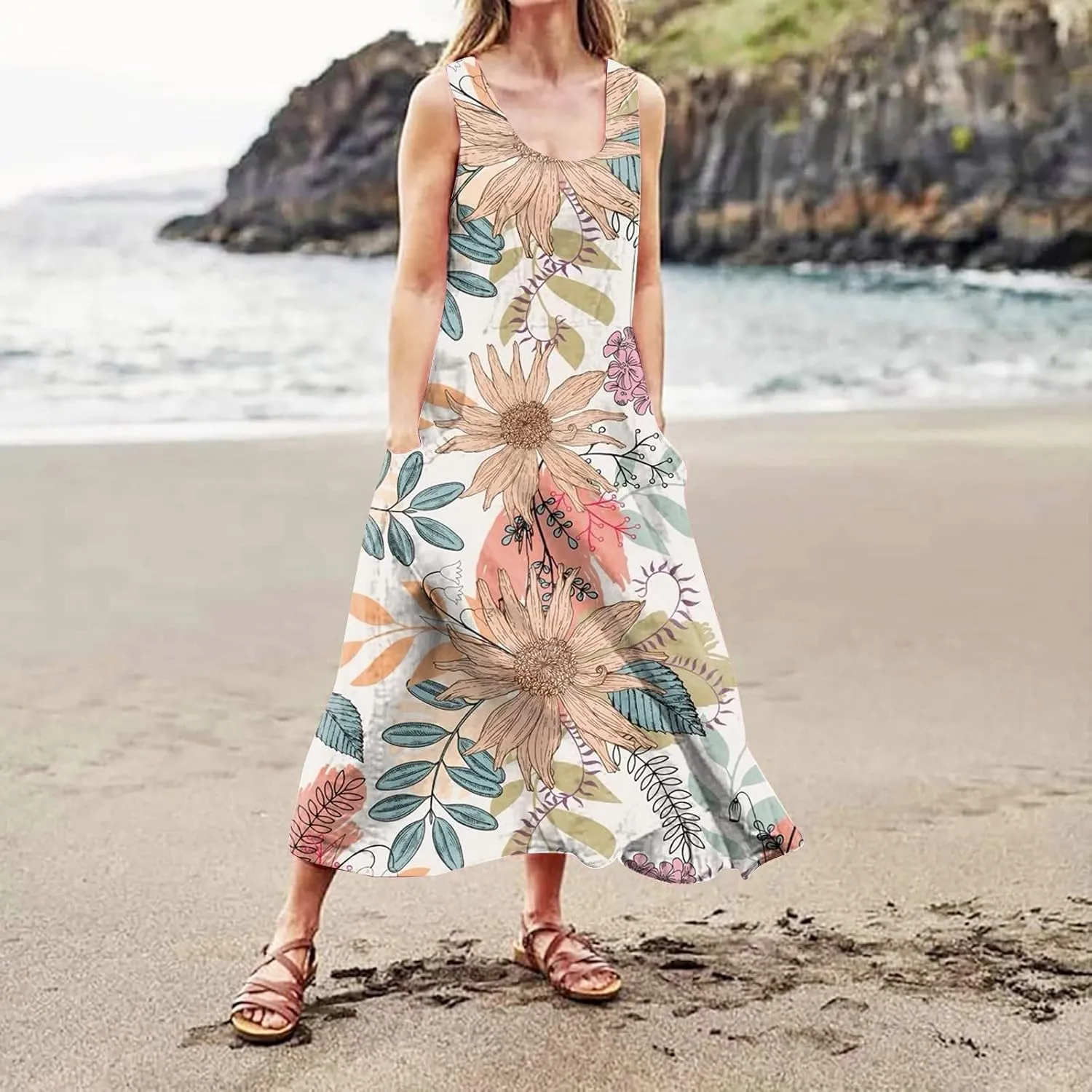 Cotton Linen Dresses for Women,Maxi Sleeveless Dresses Summer Casual Print Cotton Linen Sundress with Pockets (S-3XL)