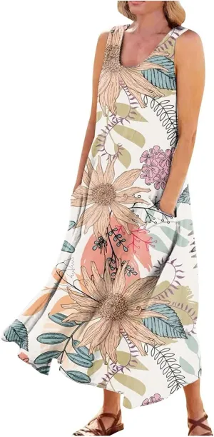 Cotton Linen Dresses for Women,Maxi Sleeveless Dresses Summer Casual Print Cotton Linen Sundress with Pockets (S-3XL)