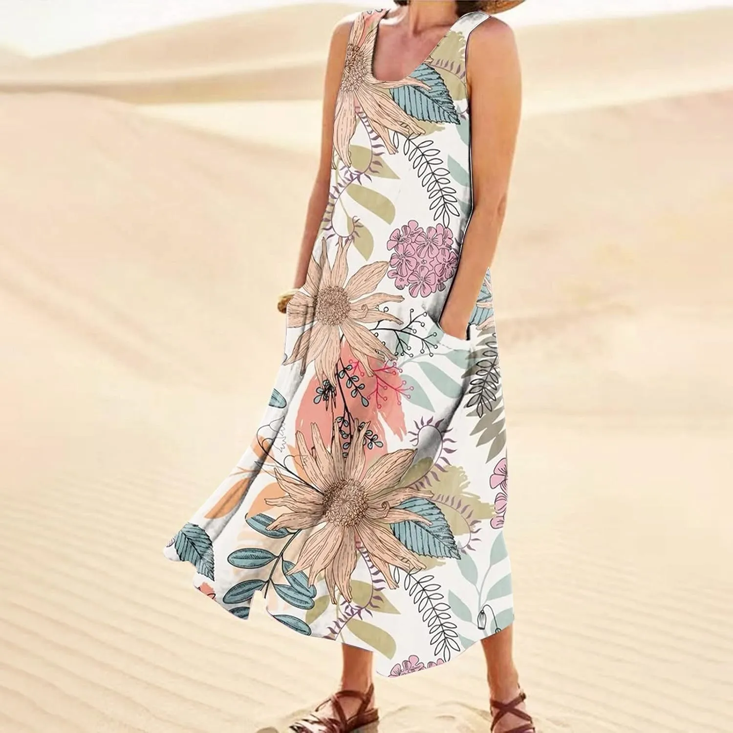 Cotton Linen Dresses for Women,Maxi Sleeveless Dresses Summer Casual Print Cotton Linen Sundress with Pockets (S-3XL)