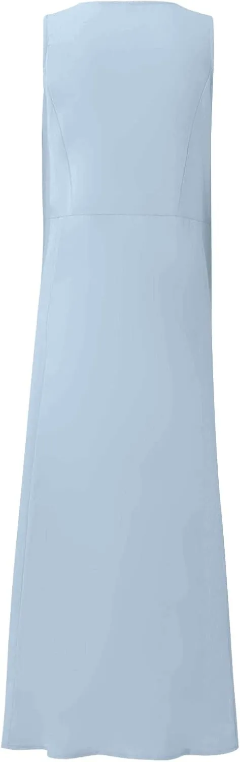 Cotton Linen Dresses for Women,Maxi Sleeveless Dresses Summer Casual Print Cotton Linen Sundress with Pockets (S-3XL)