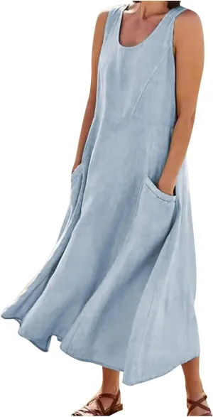 Cotton Linen Dresses for Women,Maxi Sleeveless Dresses Summer Casual Print Cotton Linen Sundress with Pockets (S-3XL)